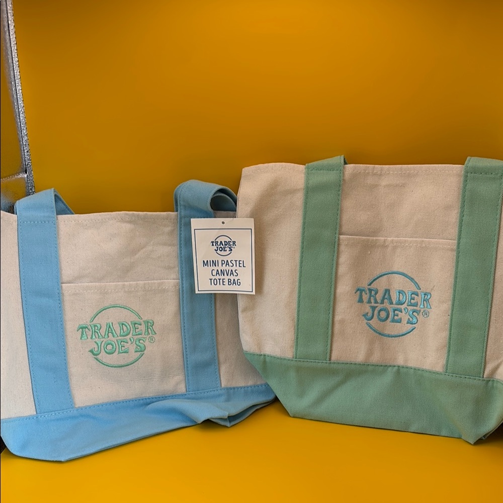 Trader Joe's Blue and Green Canvas Totes (2)